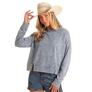 Rock & Roll Denim Womens Blue Paisley Mineral Wash Cropped Sweatshirt Small